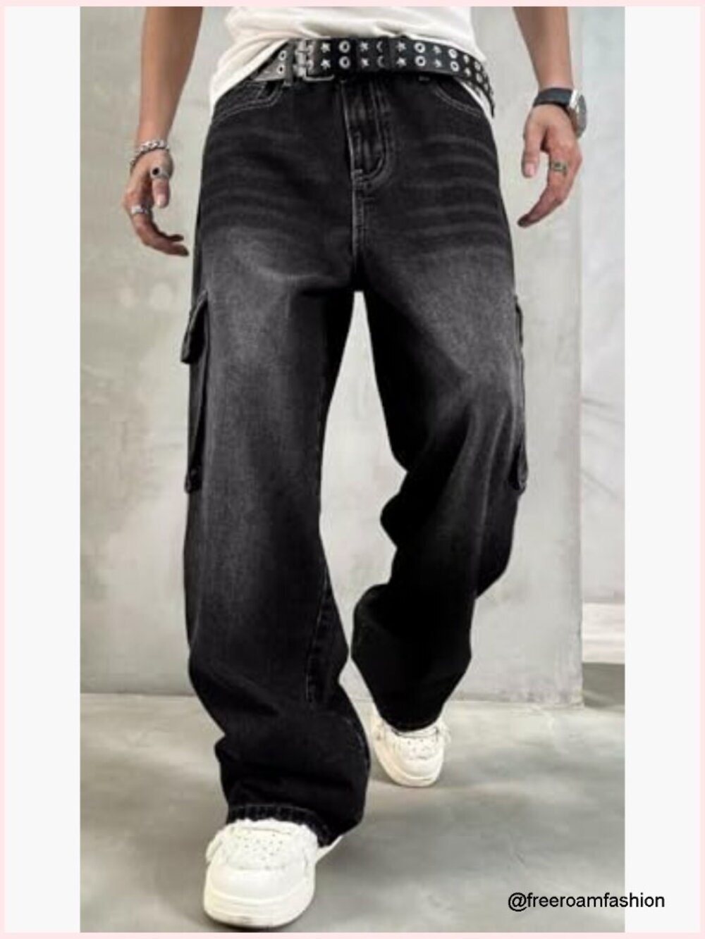 Baggy Cargo Jeans Y2K Skater Wide Leg Denim Pants Loose Fit Unisex - Picture 2 of 7